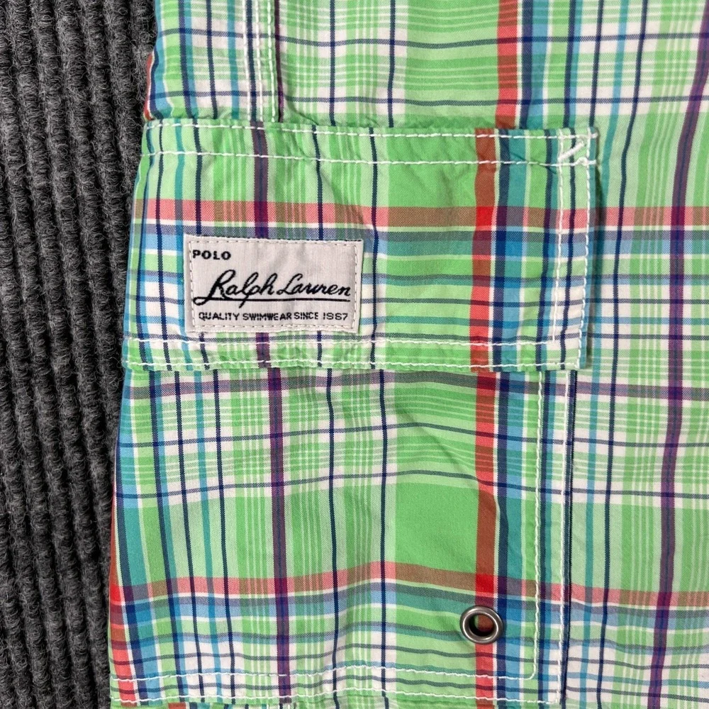 Polo Ralph Lauren Swim Trunks Mens Size Large Green Plaid Drawstrings Beach Pool